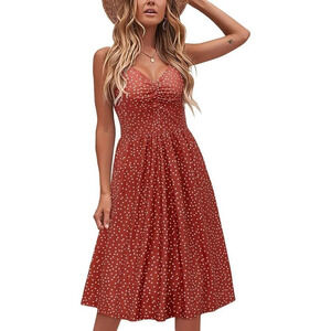 Women's  Sundress V Neck Floral Spaghetti Strap Midi Beach Dress with Pocket